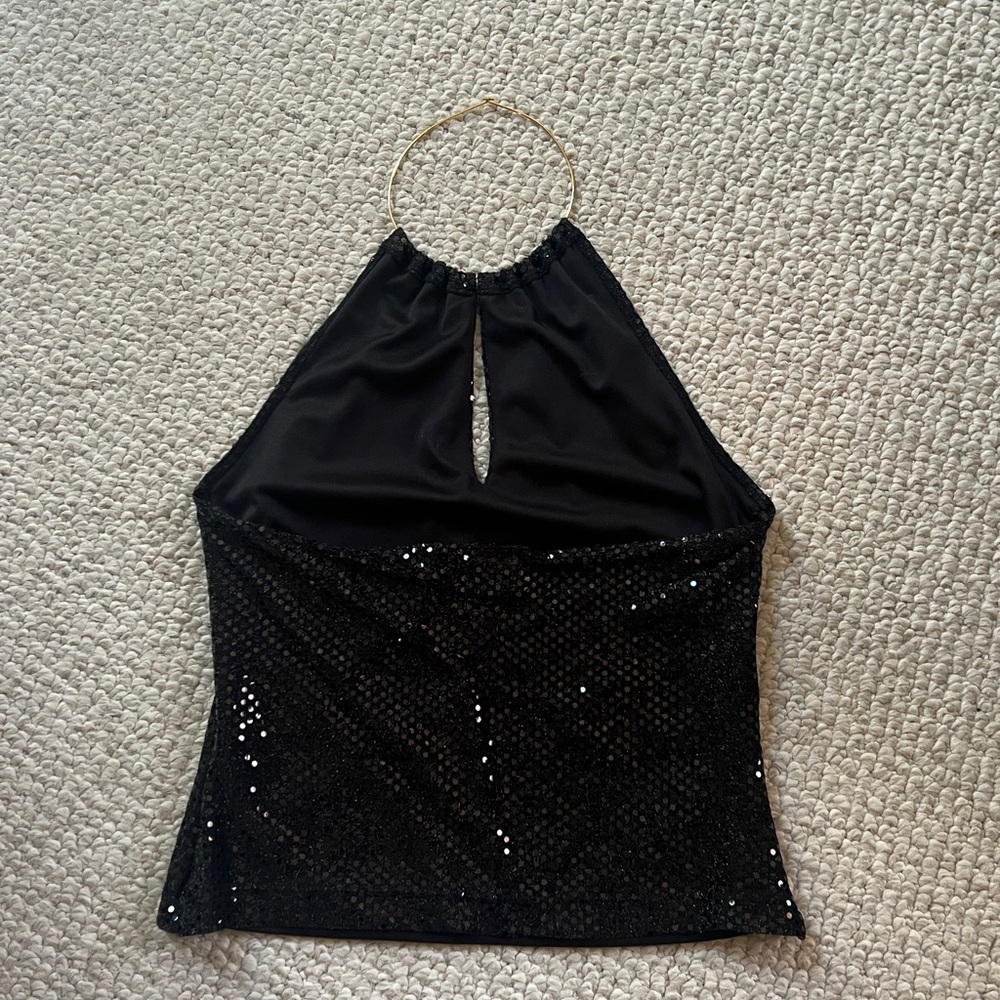 XOXO Black Sequin Halter Top, Gold Necklace Holder, Lined Front, Sheer Back - Picture 2 of 6